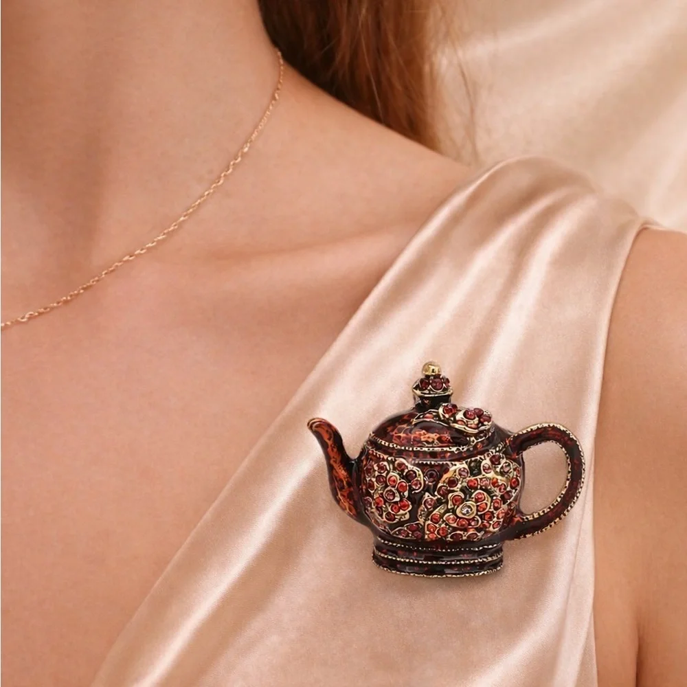 Vintage Red Teapot Crystal Brooch